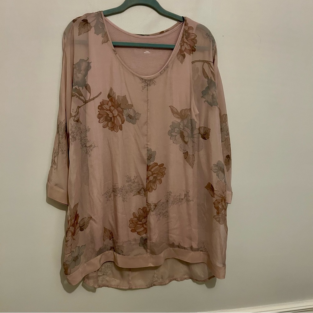 Soft Surroundings 100% Silk Pink Floral Tunic Top & Tank Sz L Large